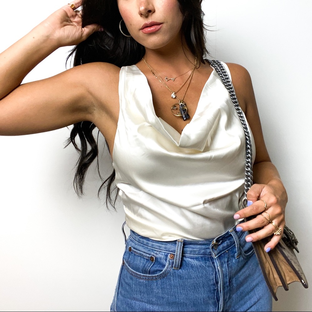 Off White Cowl Neck Cross Tie Back Top SHEIN